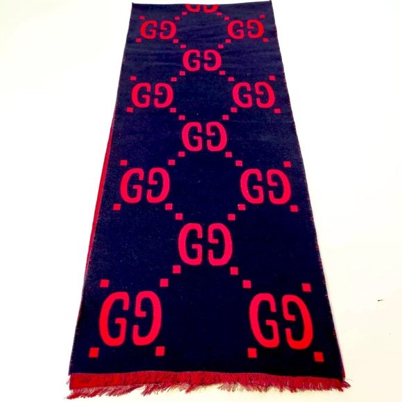Auth Gucci GG Jacquard Navy Blue Red Wool Silk Scarf Wrap Stole On Sale Now - Picture 5 of 11